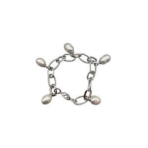 Vintage Silver Tone Chain Bracelet with Genuine Pearl Charms Link Bracelet
